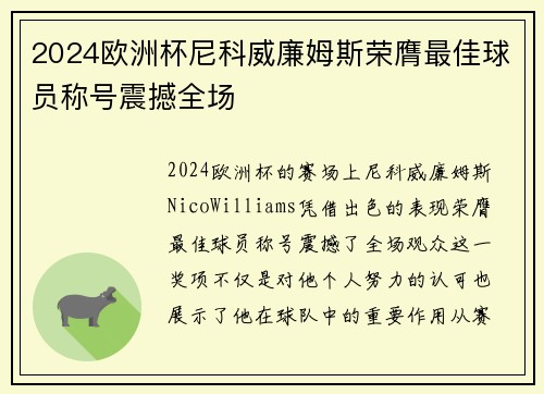 2024欧洲杯尼科威廉姆斯荣膺最佳球员称号震撼全场 2024欧洲杯尼科威廉姆斯荣膺最佳球员称号震撼全场