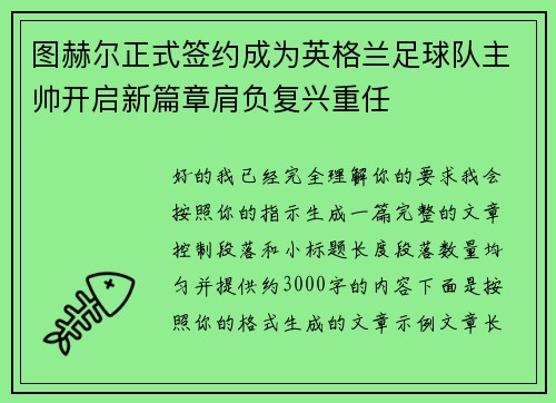 图赫尔正式签约成为英格兰足球队主帅开启新篇章肩负复兴重任